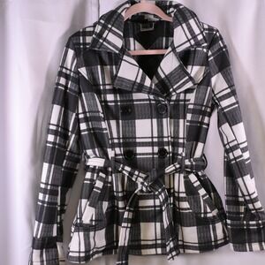 Joujou Black White Plaid Double Breasted Pea Coat Womens Medium Monochrome